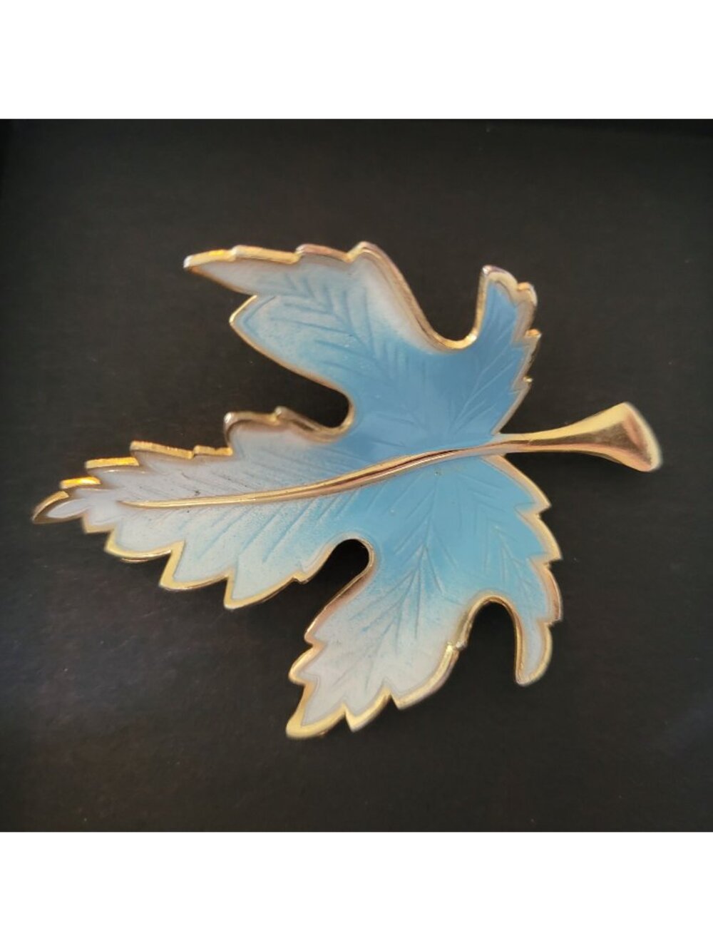 Vintage Blue Leaf Pin Brooch Gold-Tone Enamel 2"